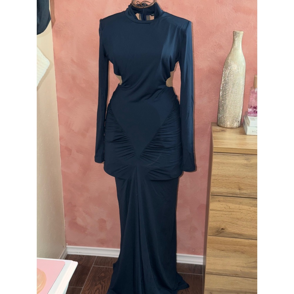 Fashion Nova Navy Blue Mock Neck Cutout Ruched Mermaid Maxi Dress Navy M